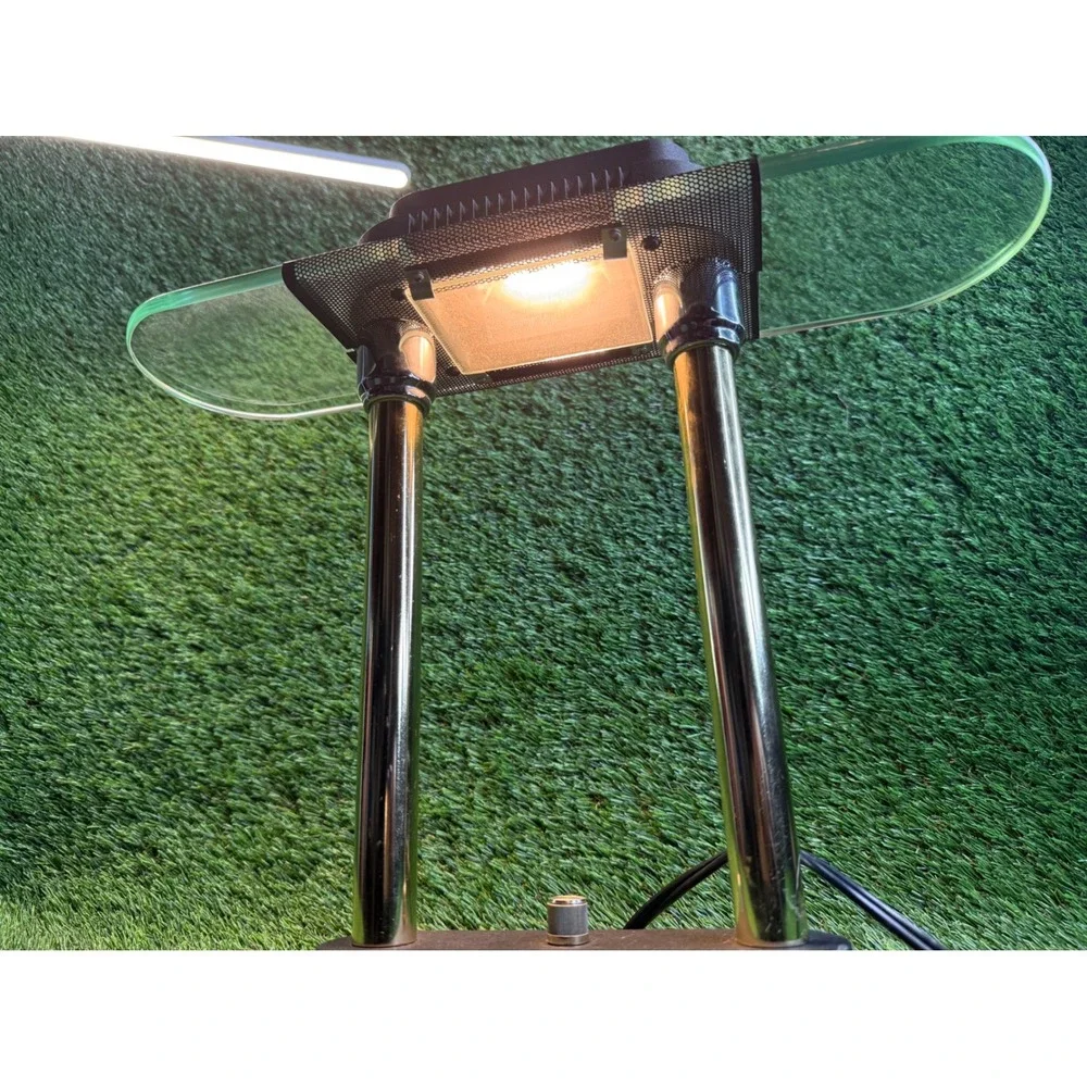 Vintage Postmodern Halogen Desk Lamp Dual Chrome Pillar Glass Wing Model 7042